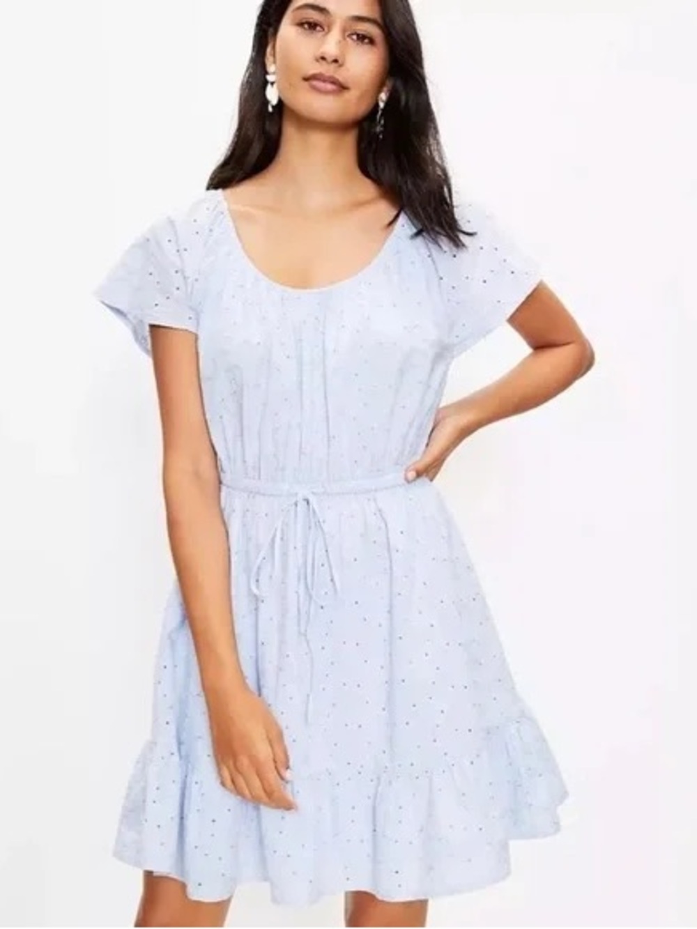 LOFT Beach Light Blue Eyelet Cotton Tiered Dress